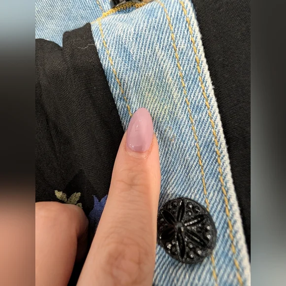 Vintage 90s Floral Rayon Blouse Denim Trim M - Picture 9 of 9